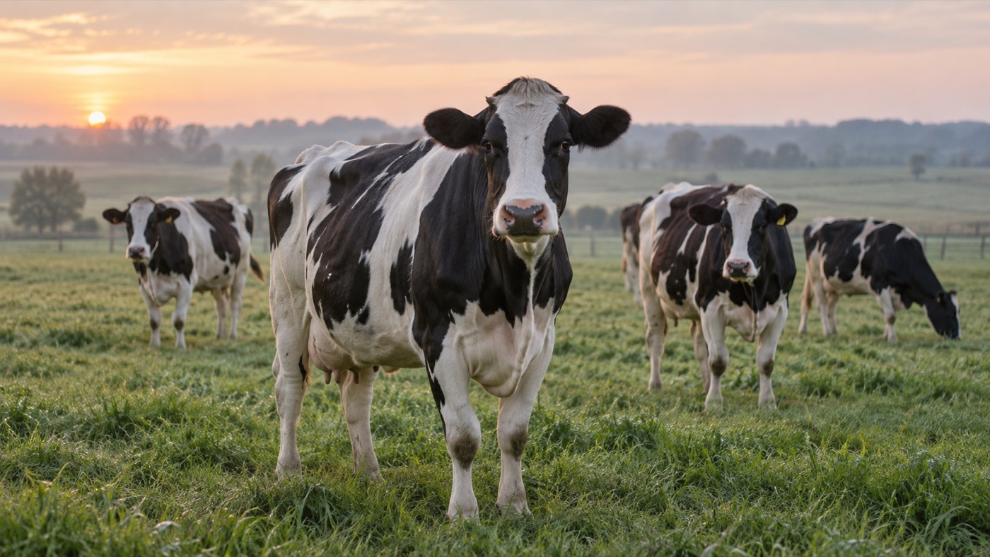 Vacas leiteiras reunidas em uma área de pastagem ao amanhecer